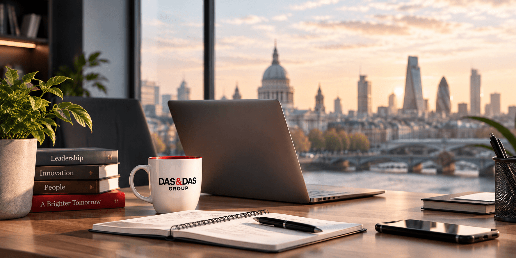 A workspace with a laptop overlooking the London skyline