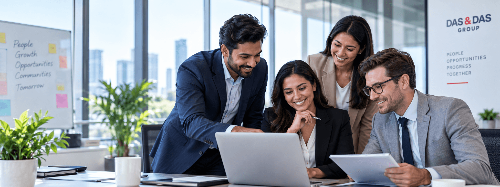 Colleagues collaborating around a laptop in a bright modern office