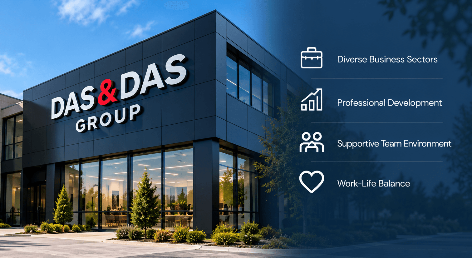 Das & Das Group headquarters with the benefits of working here: diverse business sectors, professional development, a supportive team environment and work-life balance