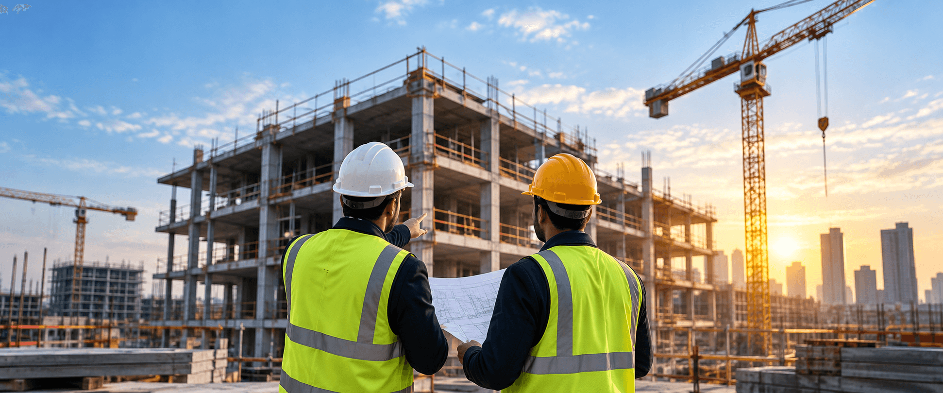A modern construction and property development at golden hour