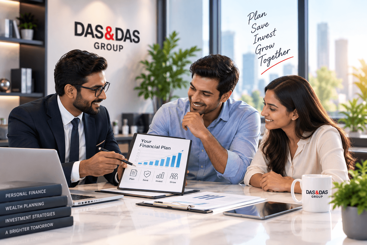 A financial adviser in conversation with clients during a planning meeting