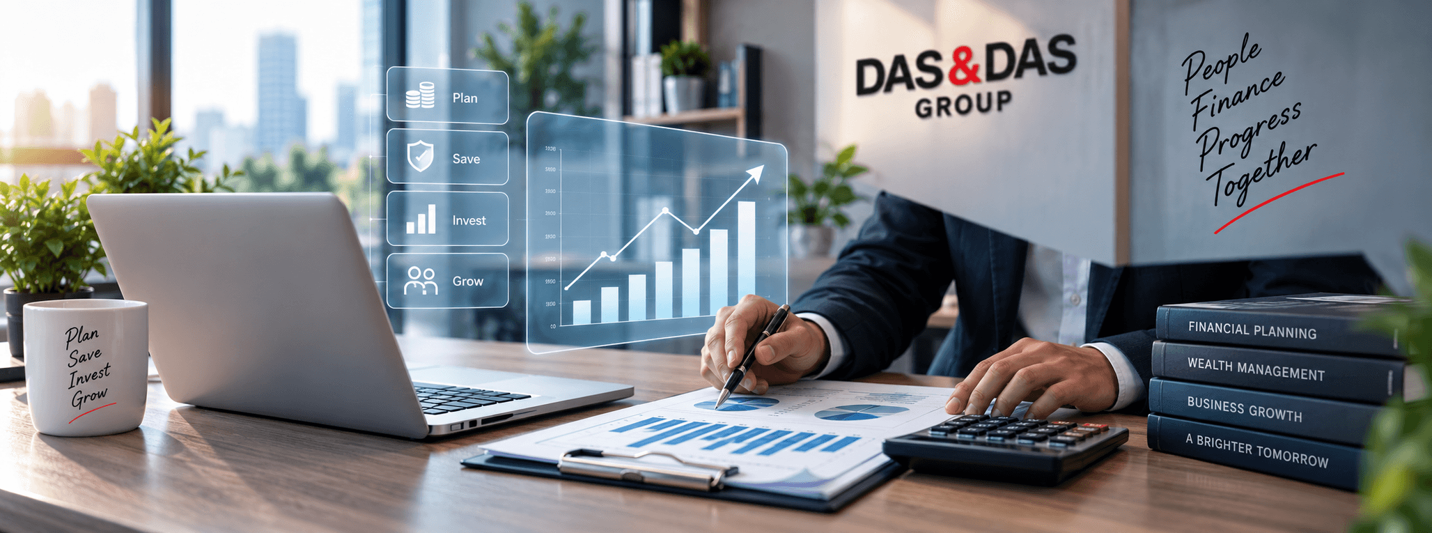 A finance professional reviewing charts and a growth dashboard at a laptop