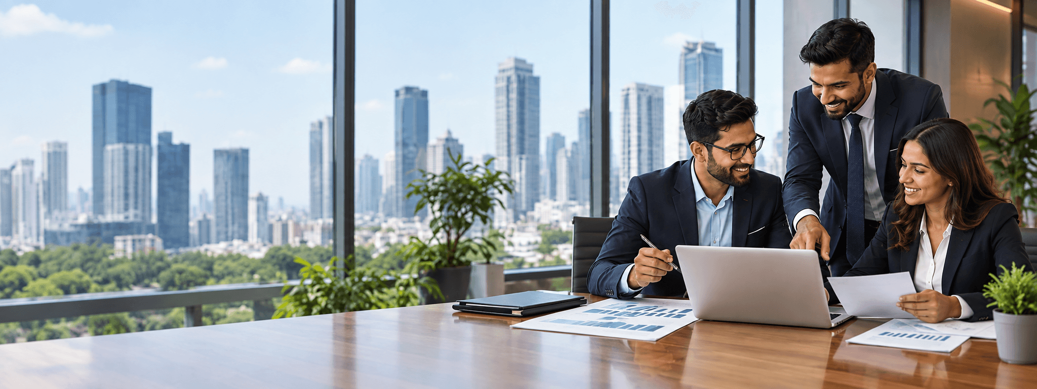 A finance team collaborating around a table