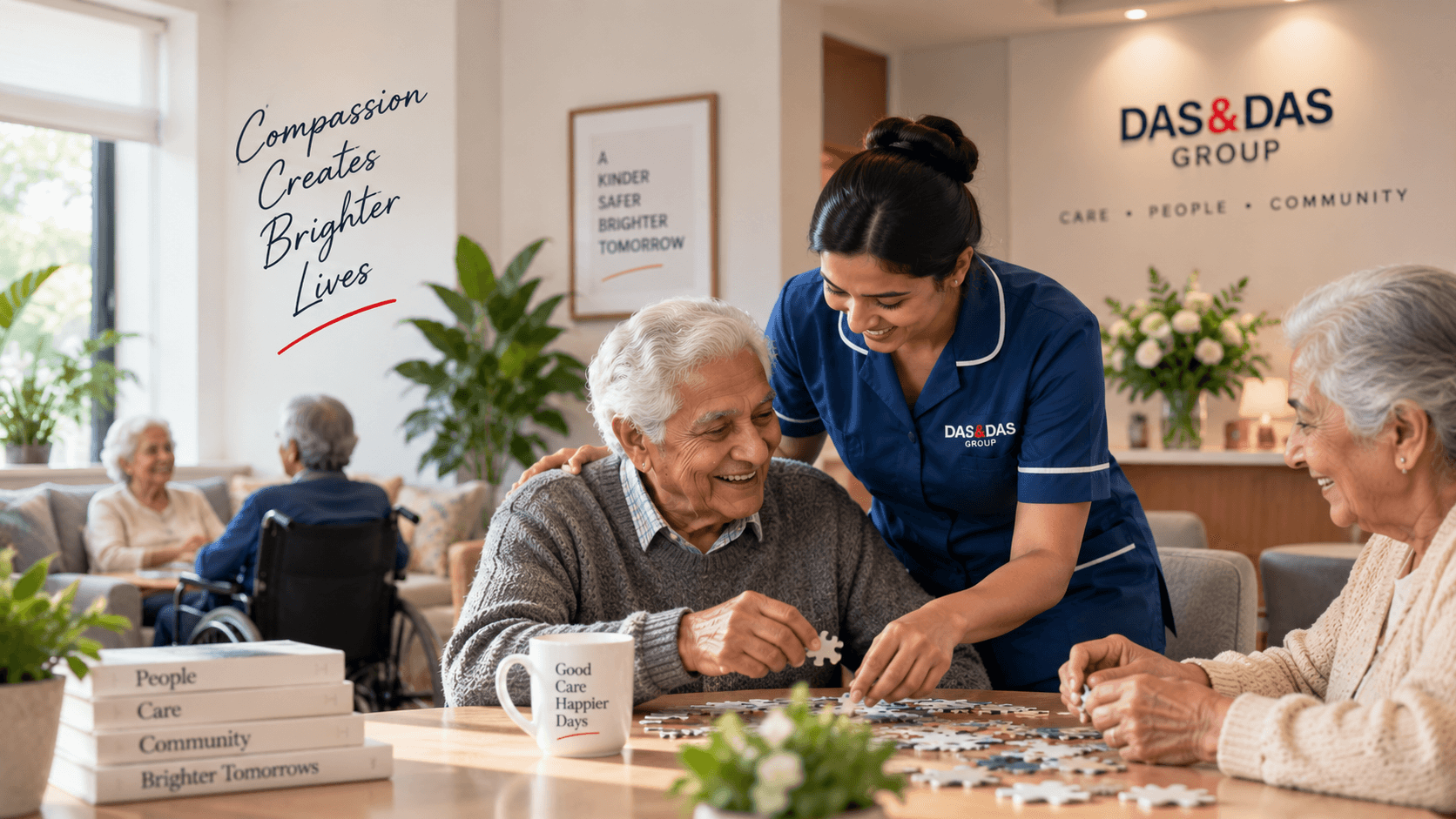 A carer and an elderly resident sharing a warm moment