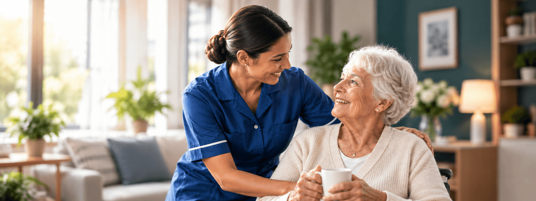 A carer in a navy uniform sharing a smile with an elderly woman at home