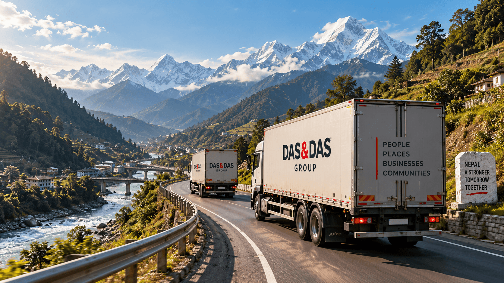 Das & Das lorries driving a mountain highway across Nepal