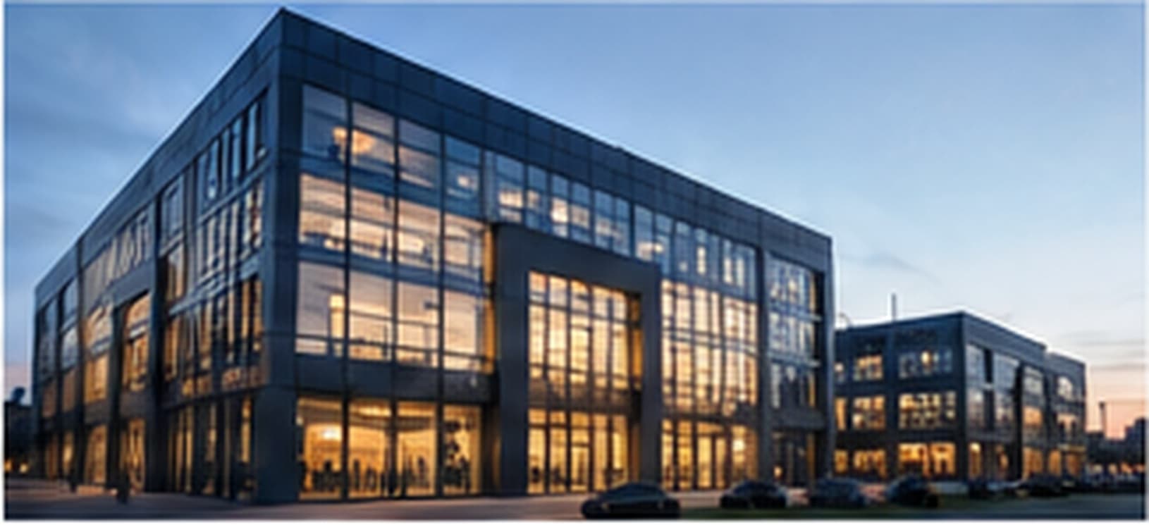 A modern glass office building at dusk